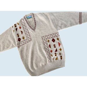 Vintage BARCLAY V Neck Tan Cream Wool Sweater 70s / 80s Sz M